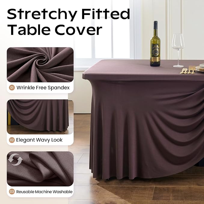 CO-AVE 2pack Brown Spandex Tablecloths 8ft for Rectangle Tables, Wrinkle Free Classy Table Skirt Stretchy 8 Foot Fitted Table Cloths Covers for Weddings Birthday Party Events Banquette Baby Shower - Image 3