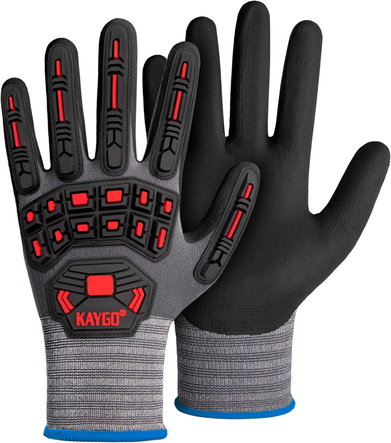 KAYGO Impact Reducing Work Gloves for Men, 3Pairs KG18N TPR Safety Work Gloves MicroFoam Nitrile Coated, Seamless Knit Nylon, Ideal for General Purpose, M