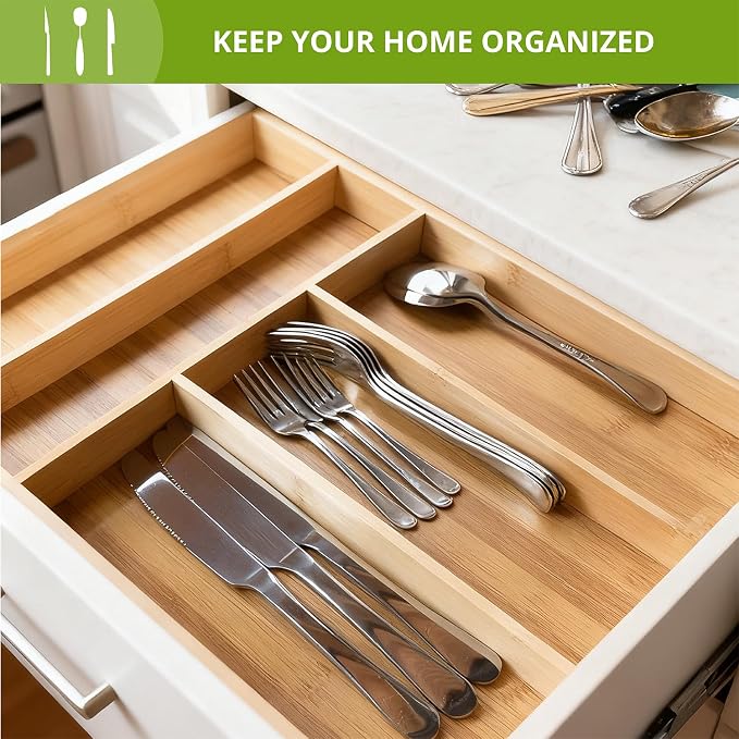 Premium Bamboo Kitchen Drawer Organizer, Perfect for Storing Cutlery, Silverware, and Gadgets, Suitable for Kitchens, Living Rooms, and Bedrooms, 5-7 Compartments, 13 to 19.6 Inches Wide - Image 5