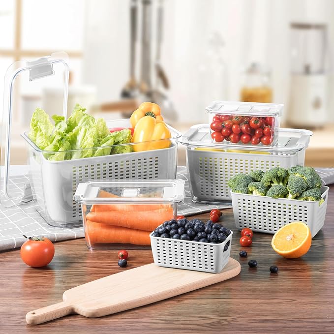 LUXEAR 4 Pack Fruit Vegetable Containers for Fridge, Produce Saver Container with Lids &Removable Colander BPA-free Refrigerator Storage Organizer for Fruit Vegetable, Berry, Meat keep Fresh Longer | BPA Free with Removable Colanders Leak-proof Fridge ... - Image 8