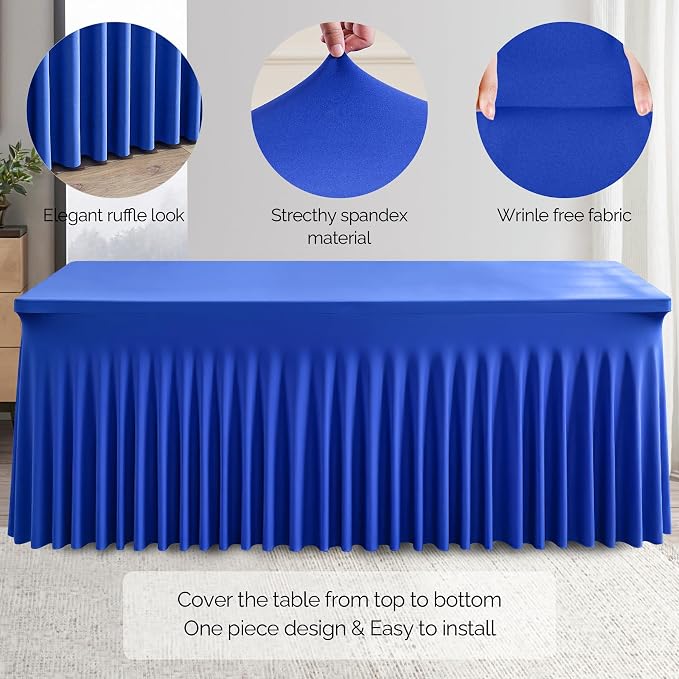 Wish Care 6 Pack Royal Blue Spandex Table Clothes for 8 Foot Rectangle Tables, 8FT Wrinkle Free Fitted Tablecloths Ruffles Design Table Cloth for Party, Banquet, Wedding and Events - Image 2