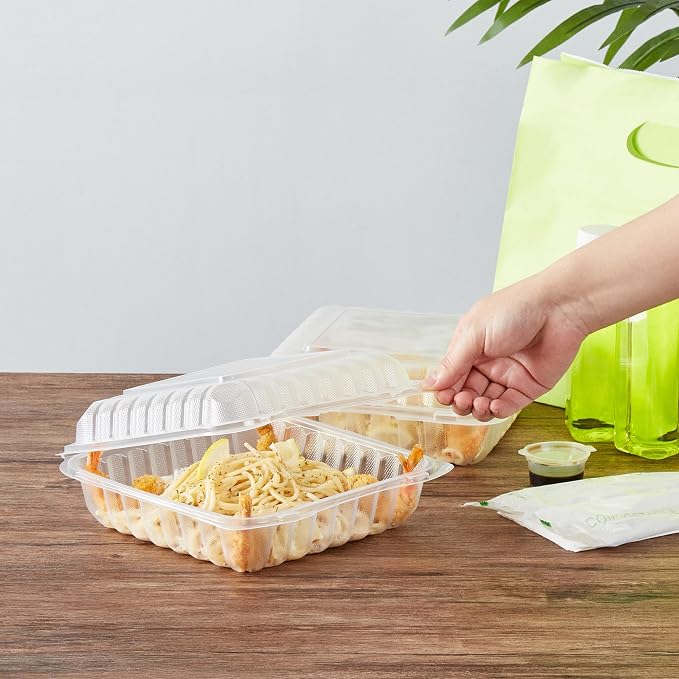Restaurantware-Chef 101 47 Ounce Hinged Clamshell Containers, 100 Disposable Take Out Boxes - Secure Lids, Microwavable, Clear Plastic Meal Prep Containers, For Pastas, Salads, Or Sandwiches - Image 5