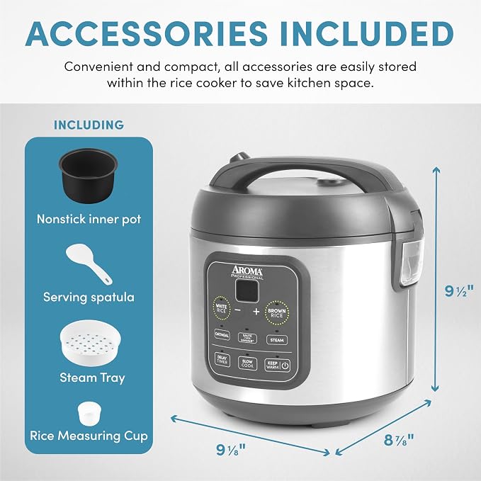 AROMA Professional Digital Rice Cooker, Multicooker, 4-Cup (Uncooked) / 8-Cup (Cooked), Steamer, Slow Cooker, Grain Cooker, 2Qt, Stainless Steel Exterior, ARC-994SG - Image 7