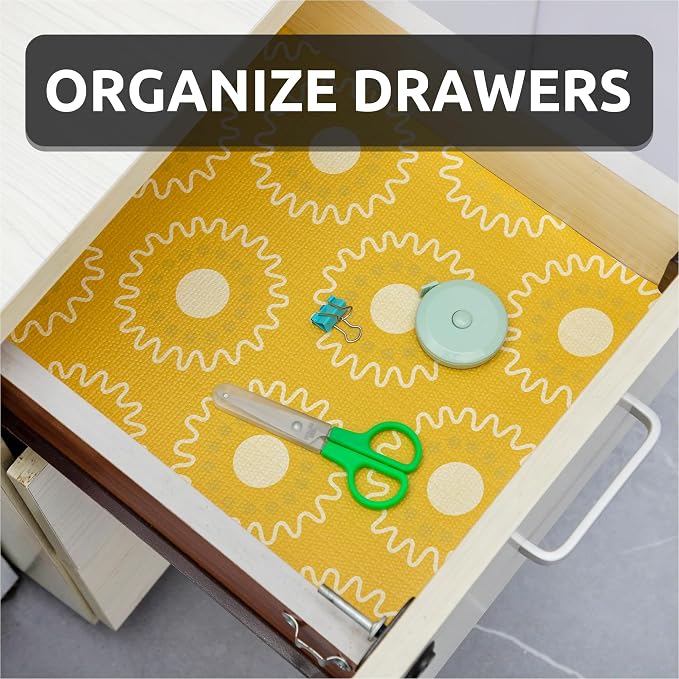 FIFTY FEET 12X120 Inch Shelf Liner for Kitchen Cabinets, PVC Drawer Liner for Dresser Non-Slip Bathroom, Non-Adhesive Cabinet Liner Washable (Yellow Circle)(1 Roll) - Image 9