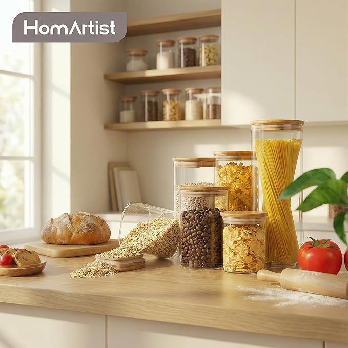 Round Glass Storage Containers with Bamboo Lids for Pasta & Flour, 5 Pack | Airtight Pantry Jar for Flour, Sugar & Rice, Durable Borosilicate Glass Canisters Keep Food Dry & Fresh, Easy to Fill & Clean - Image 6