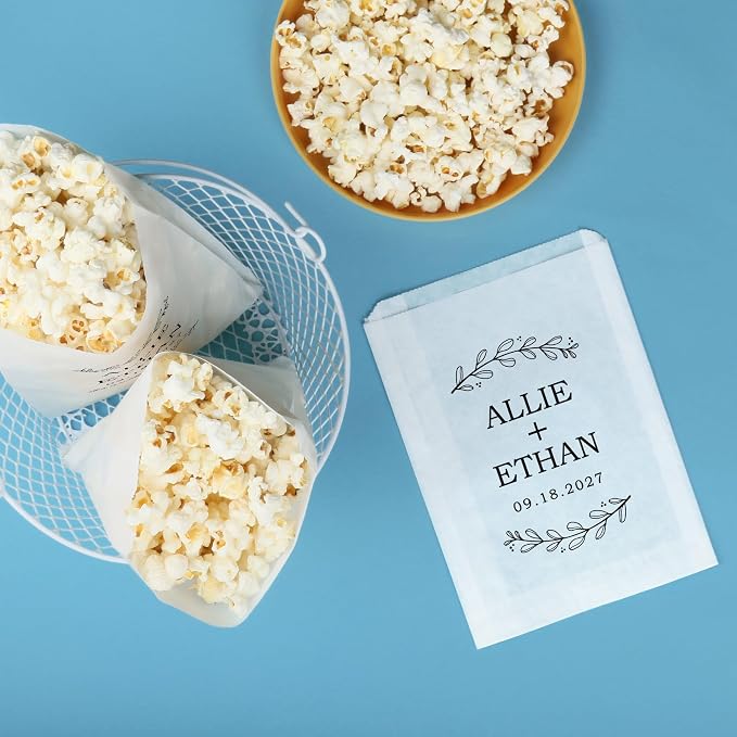 Big Dot of Happiness Personalized Rustic Leaves Paper Treat Bags, Custom Wedding Party Individual Candy Snack Favors, Greaseproof White Sandwich Cookie Bags - 25 Count - Image 3