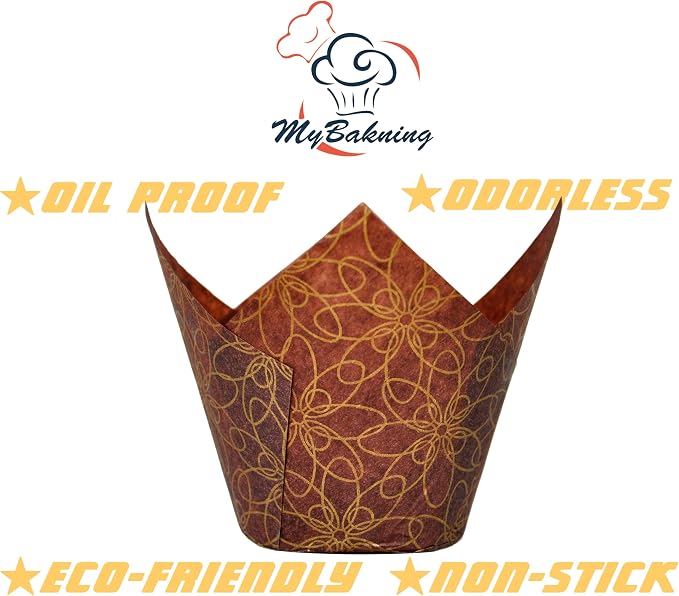 (JUMBO Large size) Brown Golden pattern Tulip Baking Cups 2-1/4"(Base diameter) x 3-3/4"(Wall height) Greaseproof paper Muffin liners, Case of 130 pcs - Image 4