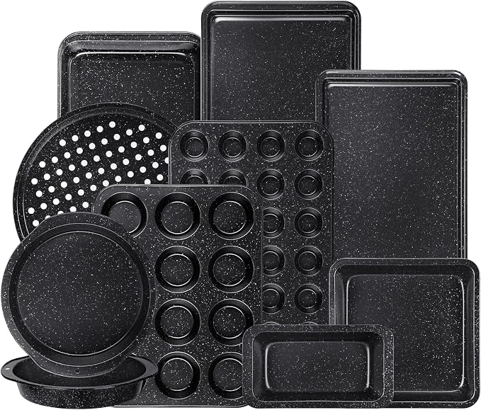 Terlulu 10-Piece Baking Pans Set, Bakeware Sets Nonstick, Baking Set for Oven Cooking, Stackable Carbon Steel Set Include Cookie Sheets, Muffin Pan, Cake Pan, Pizza Pan, Loaf Pan, Roasting Pan, Black by Terlulu