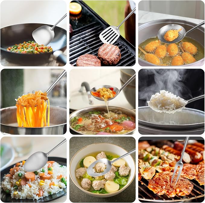 18/10 Stainless Steel Cooking Utensils Set,9 Pcs Professional All Metal Stainless Steel Kitchen Utensils Set with Wok Spatula,Soup Ladle,Skimmer,Slotted Spatula Turner, Large Spoon(Dishwasher Safe) - Image 5
