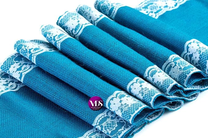 VDS Pack of 10, Burlap Table Runner with White Lace Edge, 100% Natural Jute Rustic Hessian Table Cloth Centerpiece for Wedding Birthday Party Banquet Table Decoration (Size 12X108 Inch)(Teal) - Image 2