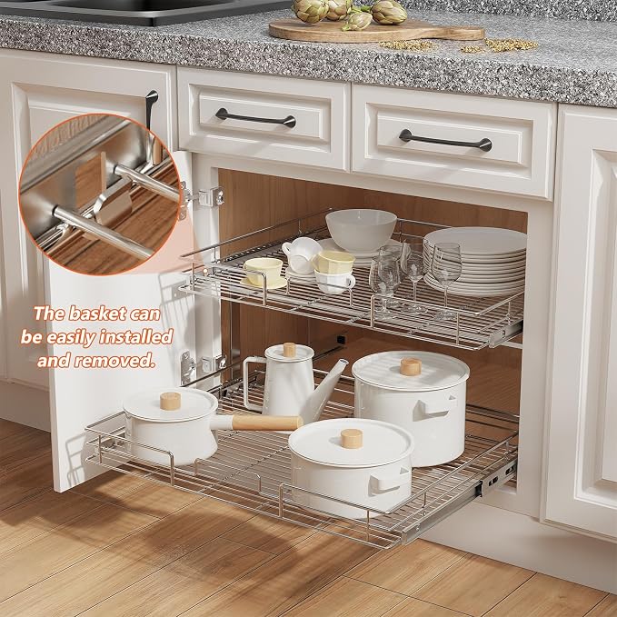 ROOMTEC Individual Pull Out Cabinet Organizer (30" W x 21½" D), 2 Tier Spice Rack Organizer for Cabinet, Slide Out Drawer Pantry Shelf Organization and Storage for Kitchen Bathroom - Image 5