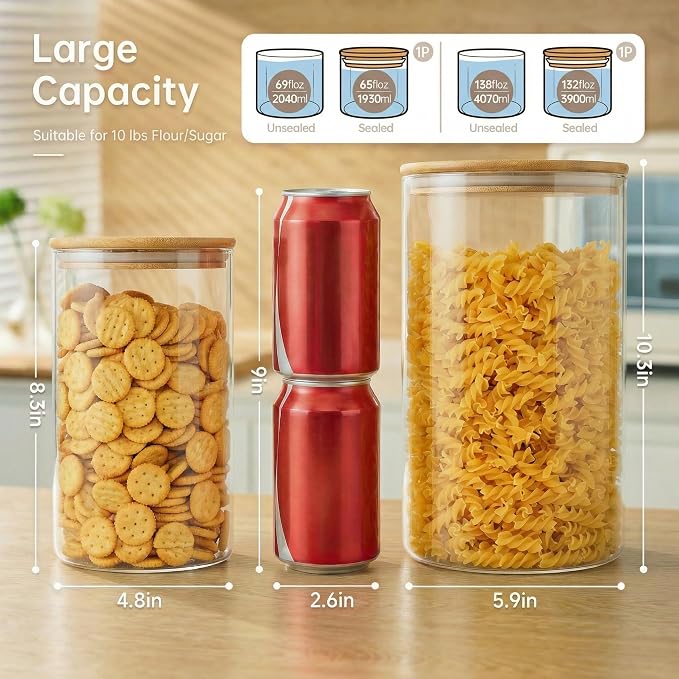 Large Glass Storage Containers with Bamboo Lids for Flour & Sugar, 2 Pack | Airtight Pantry Jar for Flour, Sugar & Rice, Durable Borosilicate Glass Canisters Keep Food Dry & Fresh, Easy to Fill & Clean - Image 3