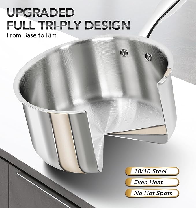 MICHELANGELO Tri-ply Stainless Steel 4 Qt Saucepan with Glass Lid, 4 Quart Pot with No Coating, Even Heating, for All Cooktops & Induction Compatible - Silver - Image 2