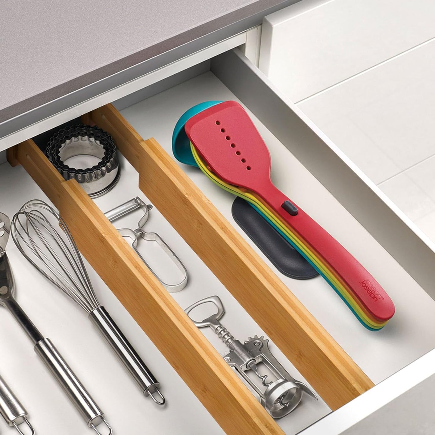 VaeFae 6-Pack Bamboo Drawer Dividers – Adjustable 14"-19.1" (Fits 15"-18" Drawers ONLY), Spring-Loaded Expandable Organizer for Kitchen, Bedroom, Office & Bathroom, MUST MEASURE Before Purchase