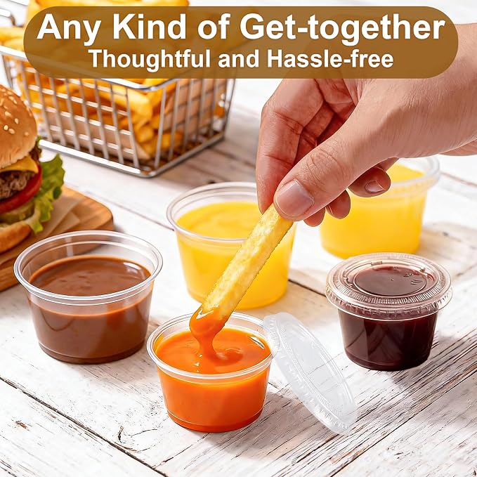 BYSNOW 400 Sets 2 oz Plastic Jello Shot Cups with Lids, Small Portion Cups | Clear Disposable Condiment Cups, Mini Sample Cups, Airtight Sauce Containers for Salad Dressing, Snacks, Souffle, Daily Use - Image 2