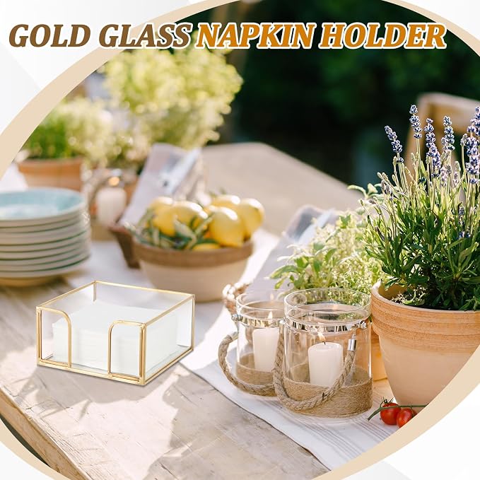 LemonRoad 1 Pcs Square Gold Napkin Holder for Table 5.7 x 5.7 Inch Decorative Cocktail Napkin Holder Glass Flat Paper Basket for Kitchen Dining Buffet Bar Counter Wedding Party Restaurant Bar Hotel - Image 2