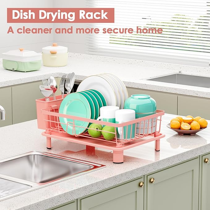 GAOKASE Dish Drying Rack, Stainless Steel-Dish Rack, Dish Racks for Kitchen Counter, Kitchen Dish Drainers with Removable Utensil Holder,New Drain Outlet,Plate Rack and Drainboard,(Pink-11 W x 15" L) - Image 6