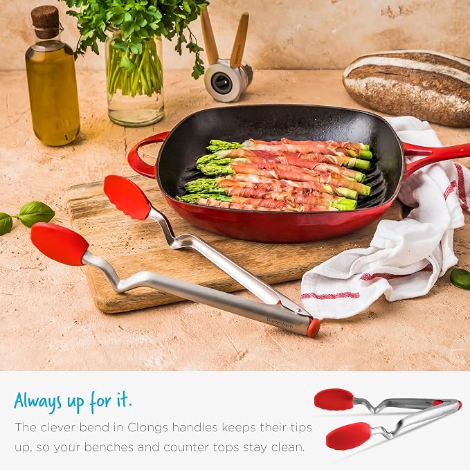 Dreamfarm Clongs Grippy Silicone & Stainless Steel Kitchen Cooking Tongs with Click-Lock Open & Close - 12" Black | Stainless steel, strong-grip non-stick safe tips, one-handed button lock open and close, sit-up handles for mess free benches - Image 5