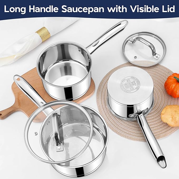 LIANYU Stainless Steel Saucepan Set with Lids Set of 3, 1QT & 2QT & 3QT - Image 6