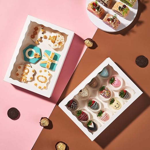 12PCS 10 x 7 x 2.5 inches Premium Fancy White Strawberry Boxes, Cookie Boxes, Elegant White Bakery Box with Display Window - Image 7