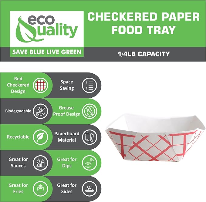 700ct Disposable Paper Food Tray (1/4 LB) - Red Check Food Tray, USA MADE, Recyclable, Biodegradable, Compostable, Great for Picnics, Carnivals, Party, Camping, BBQ, Restaurants, Fries (0.25lb) - Image 2