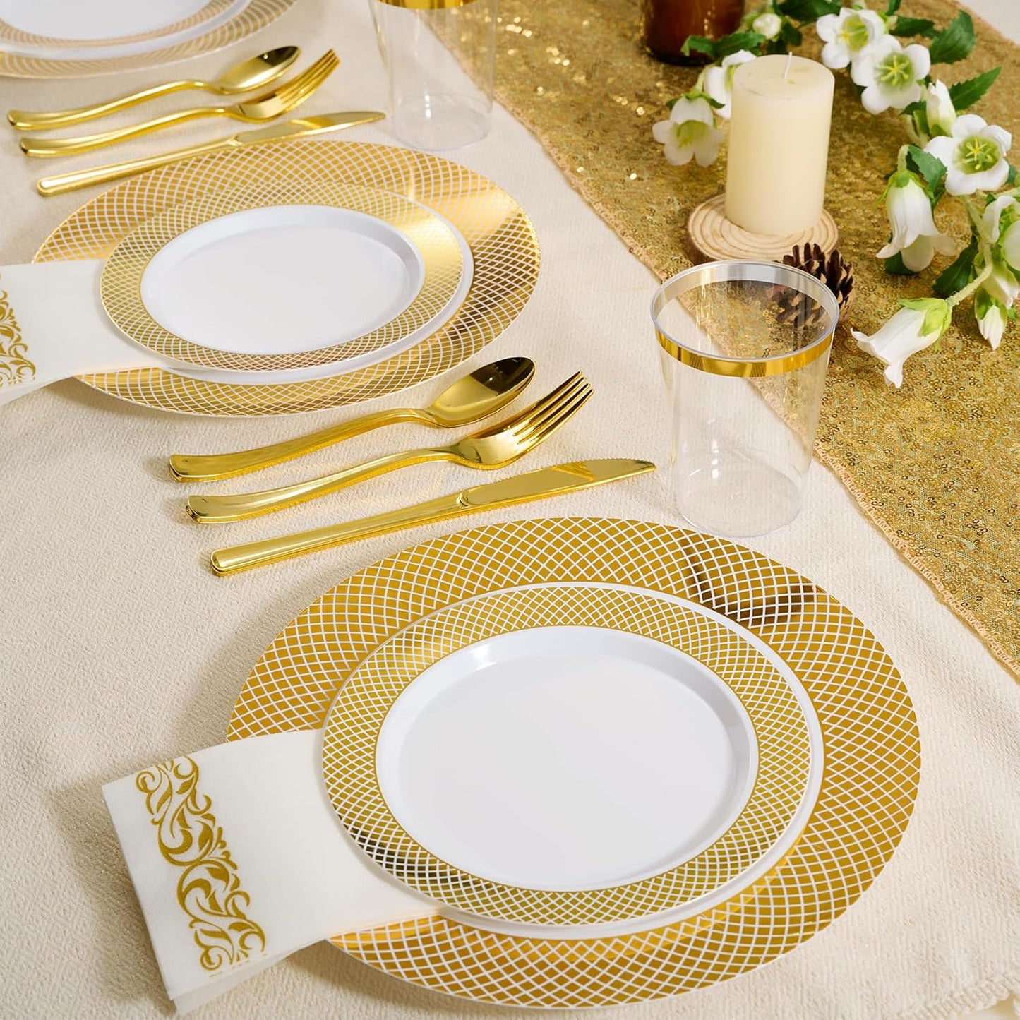 FOCUSLINE Gold Plastic Plates Set of 102, Disposable Plates with Gold Grid Rim 51 Dinner Plates 10" and 51 Salad Dessert Appetizer Plates 7", Elegant Fancy Heavy Duty Wedding Party Plates