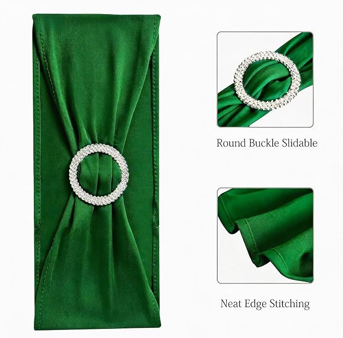 100 Pack Spandex Dark Green Chair Sashes for Wedding - Stretch Chair Bows Bands with Buckle for Party Birthday Banquets Engagement Christmas Events Decorations - Image 3