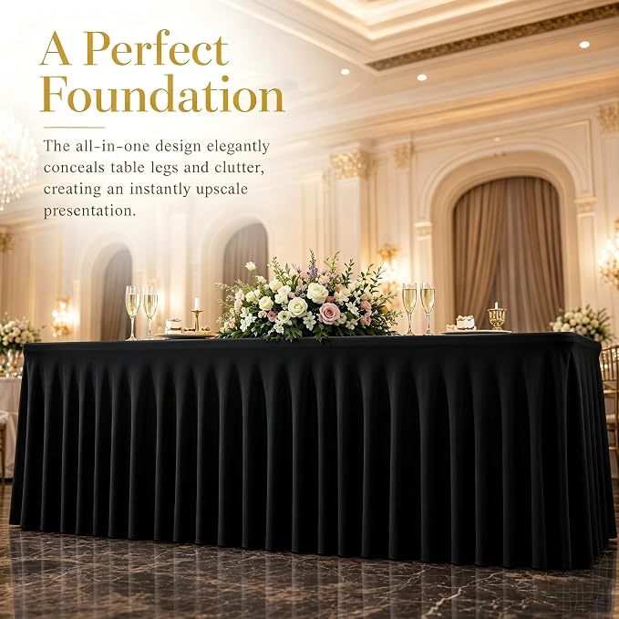 3 Pack Black Spandex 6ft Rectangle Tablecloths with Skirts - Image 6