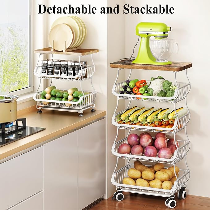 SAYZH 5-Tier Fruit and Vegetable Basket Stand for Kitchen, Wood Top, White | Stackable Vegetable Storage Baskets with Wheel, Metal Wire Storage Carts for Onion, Potato and Snacks - Image 3