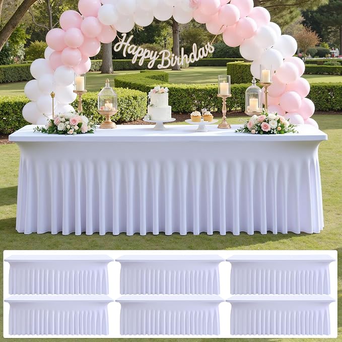 6 pk White Spandex Table Cloth Rectangle 8ft with Ruffle Skirt,Wrinkle Free High-Stretch Fitted Tablecloths for 8 Foot Rectangle Tables,Elastic Spandex Table Covers 8 ft for Parties Weddings Banquet by ENJOYYOURPARTY