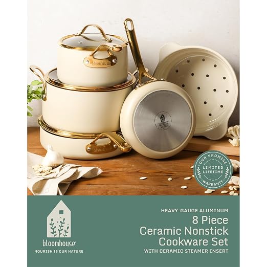 Bloomhouse Pots and Pans Set - 8 Piece Aluminum PFA Free Ceramic Non Stick Cookware Set - 2Time Oprah's Favorite Things Winner - Almond Cream w/Gold Handle - Image 2