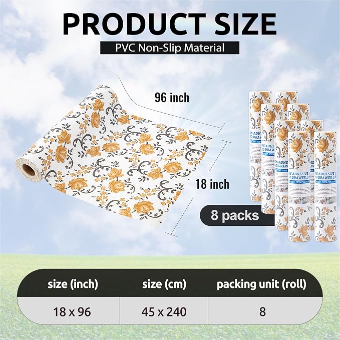 FIFTY FEET 18X96 Inch Shelf Liner for Kitchen Cabinets, PVC Drawer Liner for Dresser Non-Slip Bathroom, Non-Adhesive Cabinet Liner Washable (Yellow Floral)(8 Roll) - Image 3