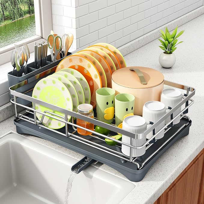 SAYZH Dish Drying Rack for Kitchen Counter with Utensil Holder, Silver by SAYZH