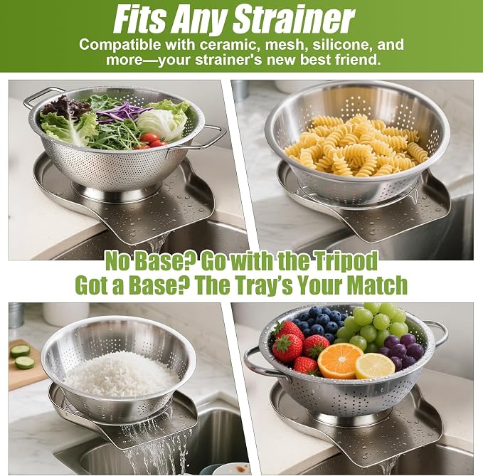 Palksky Colander and Strainer Self Drainer Base Plate Stainless Steel for Kitchen, Metal Countertop Draining Tray for Pasta Rice Noodle Fruit Veggie Food Strainer & Ceramic Colander - Image 6