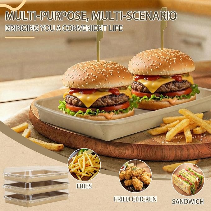 30 Pack Disposable Kraft Paper Food Trays With Clear Lids, 25oz | 10 x 6.5 x 2 inch Large Rectangle Take‑out Containers, Heavy‑duty Meal Storage Boxes for Food, Perfect for Next Day Lunch, Party - Image 2