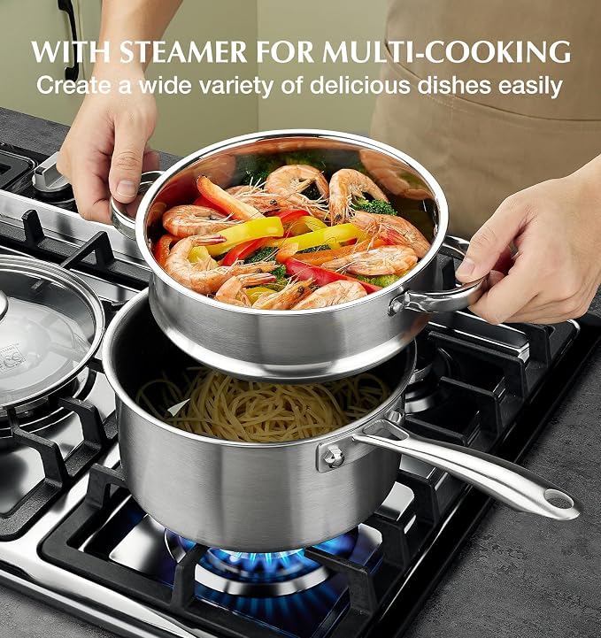 KOCH SYSTEME CS Hybrid Nonstick Stainless Steel Saucepan Set with Steamer Insert, 7PCS Triply Stainless Steel Pot Set 1Qt, 2Qt & 3Qt, 18/10 Steel Sauce Pan Set with Lids, Induction & Oven Safe - Image 4