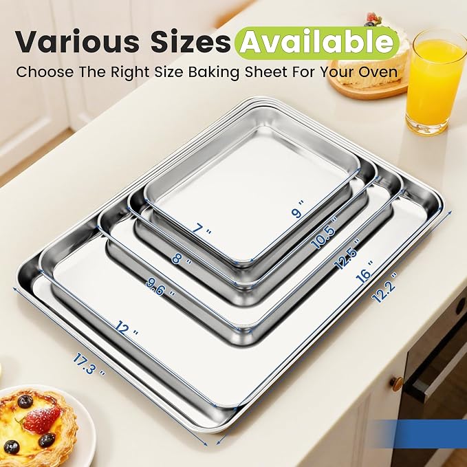 BIEAMA 6 Pack Stainless Steel Toaster Oven Baking Sheets, 16 x 12 in | Stainless steel pans with no chemical coating, mirror-polished finish and rolled edges; dishwasher safe, oven safe to 500°F. - Image 6