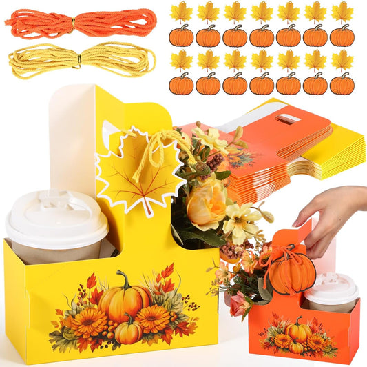 TaoBary 30 Set Fall 2 Cup Drink Carrier with Handle Portable Foldable Tray Drink Holder Yellow Orange Disposable Cardboard Coffee Cup Holder with Pumpkin Maple Leaf Tag, Thanksgiving Fall Gifts