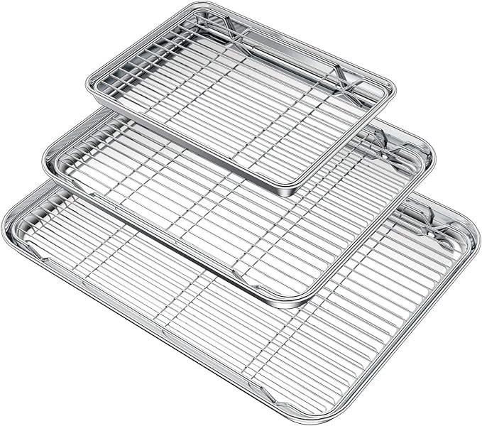 Wildone Baking Sheet with Rack Set (3 Pans + 3 Racks), Stainless Steel Baking Pan Cookie Sheet with Cooling Rack, Non Toxic & Heavy Duty & Easy Clean by Wildone