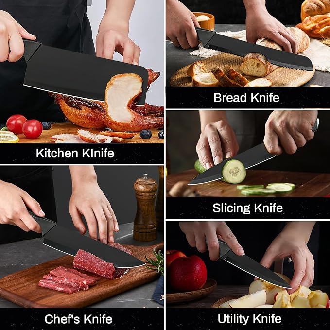 Kitchen Knife Set,18 Pieces Black Kitchen Utensils Set with Holder and Kitchen Professional Chef Knife Set for Cooking,Non-Stick Heat Resistan Silicone Utensils Set with Wooden Handle (Black) - Image 6