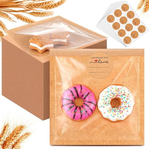 Outus 100 Pcs Cookie Packaging Bags with Seal, 4 x 4 Inch, Brown | Bakery Pastry Bags with Window, Heat Sealable Grease Resistant Paper to Go Bake Sleeves for Gift Giving Donut Bread Sandwich by Outus