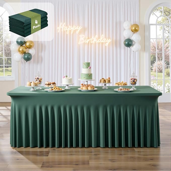 4 Pack Hunter Green Spandex Tablecloths for 8 Foot Rectangle Tables, Wrinkle Free Fitted Table Cloths 8ft Stretchy Table Cloth Cover with Skirt for Parties Weddings Birthday Banquet Baby Shower - Image 7