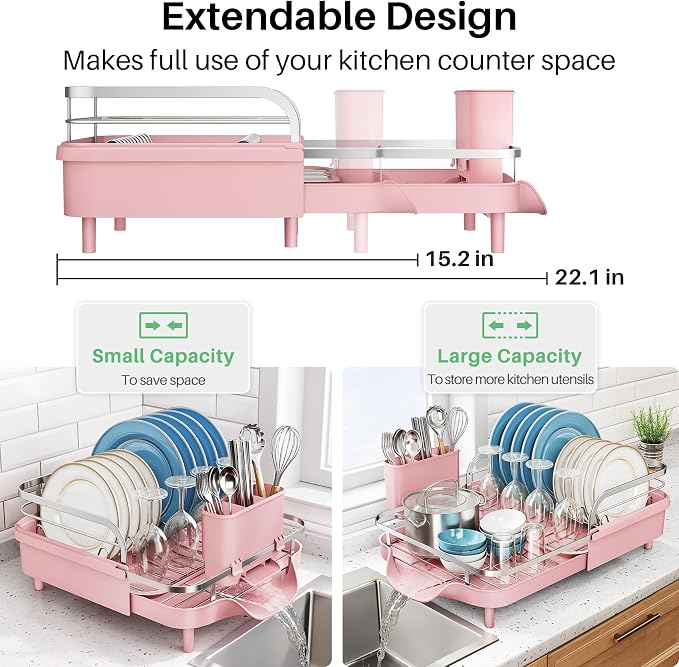 SNTD Expandable Dish Drying Rack for Kitchen Counter, 15.2-22.1 in, Pink - Image 3