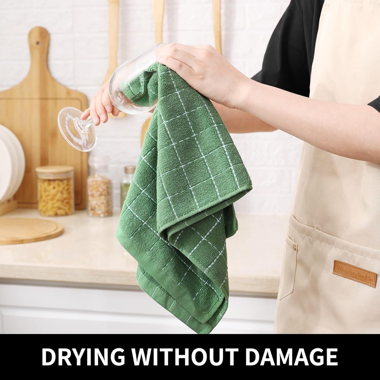 Homaxy 100% Cotton Terry Kitchen Towels(Grass Green, 13 x 28 inches), Checkered Designed, Soft and Super Absorbent Dish Towels, 6 Pack