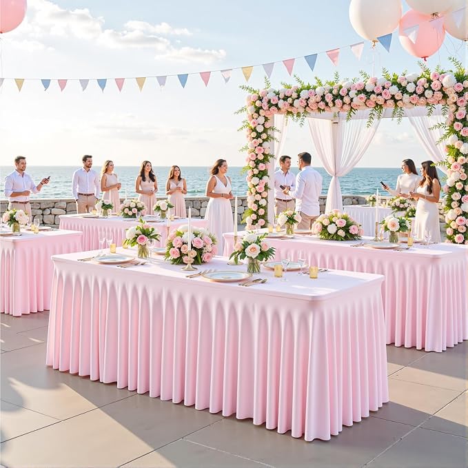 2 Pack Pink Table Cloth for 8 Foot Rectangle Tables Spandex Fitted Tablecloth 8ft Stretch Table Covers Skirt Pink Banquet Tablecloths Wrinkle Free Tablecloth for Party Wedding Birthday Event - Image 2