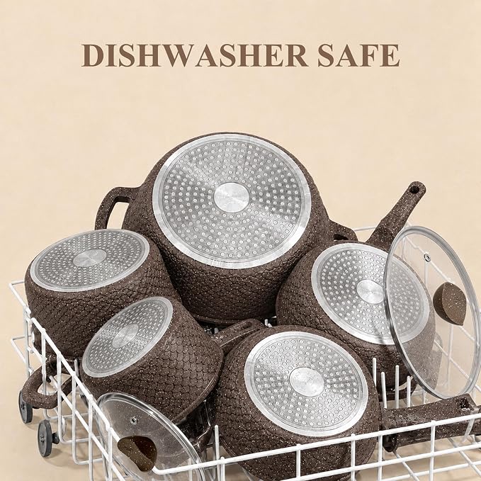 15-Piece Pots and Pans Set, Non Stick with Detachable Handle, Nonstick Cookware Sets, Kitchen Cooking Set, Camping Cookware, Dishwasher & Oven Safe, Brown（Fish Scale Shaped) - Image 7