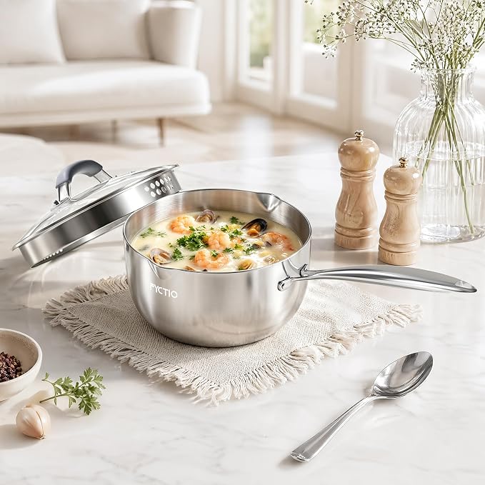 Tri-Ply Stainless Steel Sauce Pan, 2.5 Qt Saucepan with Strainer Lid - Image 8