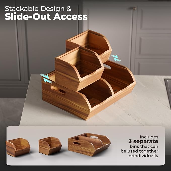 Acacia Wood Pantry Storage Bins - Stackable Open Front Kitchen Baskets | Stackable Potato And Onion Storage Bins Offer Flexible Organization, No Assembly Required And Easy Produce Access - Image 6