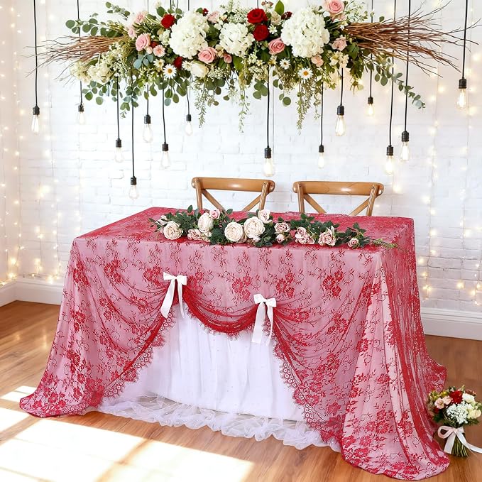 Red Lace Tablecloth Rustic Table Fabric 60x120 Inch for Wedding Christmas - Image 2
