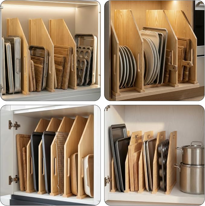 6 Pack Solid Wood Tray Dividers for Cabinet, Cookie Sheet Organizer for Cabinets, Baking Sheet Organizer, No-Cut Kitchen Cabinet Dividers, Cookie Trays for Kitchen, Pantry Storage (12, Pounds) - Image 6
